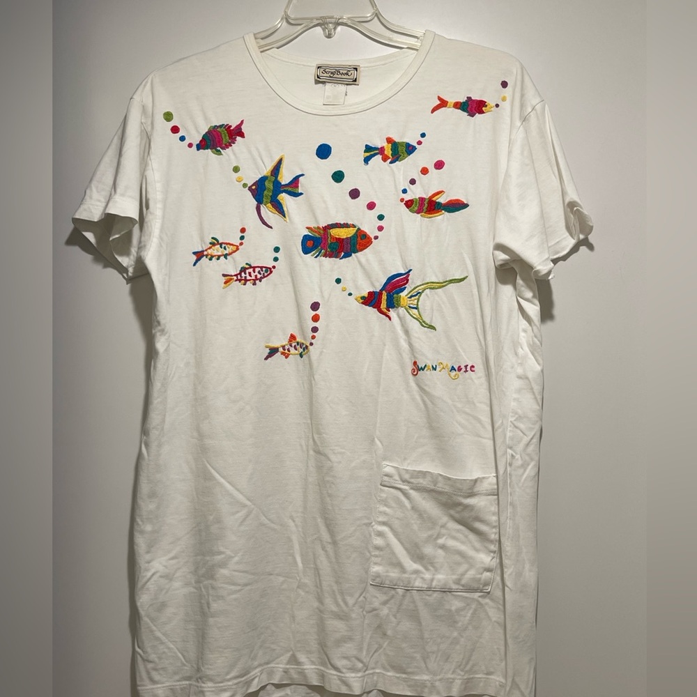 Swan Magic Vintage White Tunic with Beautiful Fish Embroidery- Size M